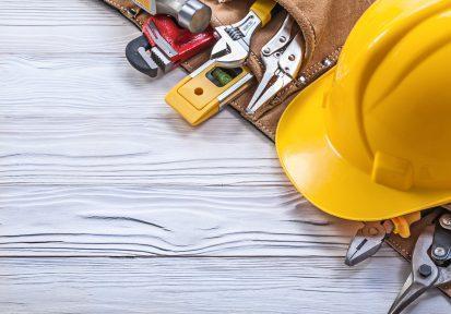 Construction gear, hard hat and tools