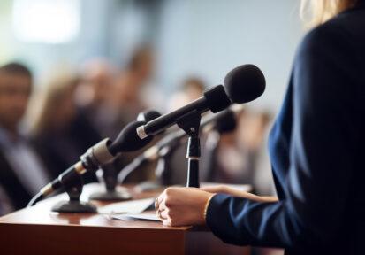 Close-up of unrecognizable female politician in rings standing a