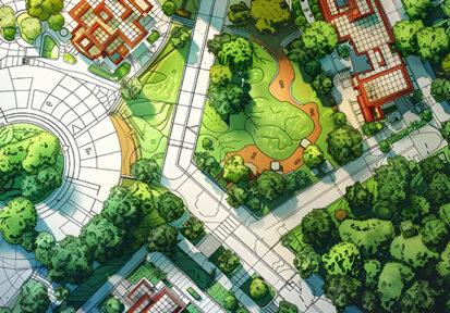 Illustration of a Landscape Design Plan with Trees, Buildings, a